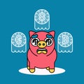 Cute upset piggy bank is losing money. Vector.