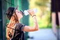 Cute urban skate girl drinking water