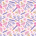 Cute utensil seamless pattern with doodle in bright color. Romantic print with colorful pottery, hand-made ceramics