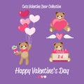 Cute valentine bear collection of cute bear with calendar February 14, Flower bouquet, heart shape balloons and heart with wings.
