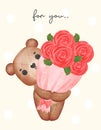 Cute Valentine brown teddy bear hug bouquet of roses, adorable cartoon watercolor hand drawn vector illustration