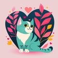 Cute Valentine card in kawaii style. Lovely cat with pink hearts. Inscription Love you. Can be used for t-shirt print