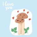Cute Valentine card with two mushrooms in love. Royalty Free Stock Photo