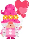 Cute Valentine Female Gnome Cartoon Character With Heart Balloons