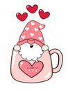 Cute Valentine Gnome boy in pink coffee mug cup flat vector cartoon drawing outline illustration Royalty Free Stock Photo