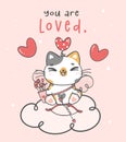 Cute valentine greeting card with kawaii happy smile calico cupid cat sits on pink cloud with heart arrow and bow, adorable