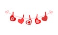 Cute Valentine hearts hanging on the rope on the clothespins. Decorating for greeting cards, banners, invitations