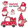 Cute Valentine love gnome in red hat collection, cartoon doodle flat vector clip art Royalty Free Stock Photo