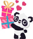 Cute Valentine Panda Bear Cartoon Character Holding Up Gift Boxes With Pink Hearts Royalty Free Stock Photo