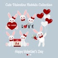 Cute valentine rabbits collection of cute rabbits couple with calendar February 14, Flower bouquet and heart shape balloons.