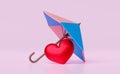 Cute valentine red heart protect with umbrella isolated on pink background. concept 3d illustration, 3d render