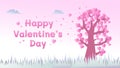 Cute Valentine`s Day Banner With Editable Text Style. Greeting Card With Sweet Anime Cartoon Landscape View Concept With Tree Of