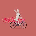 Cute Valentine`s Day card: cartoon bunny rabbit riding bike