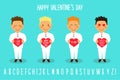 Cute Valentine`s Day cartoon characters of loving boys with heart in hands Royalty Free Stock Photo