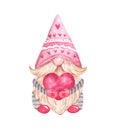 Cute Valentine`s Day gnomes illustration. Watercolor hand painted gnome boy and red heart, isolated on white background. Royalty Free Stock Photo