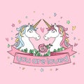 Cute Valentine`s Day greeting card or apparel print with two unicorns, flowers, hearts and stars. Lettering Royalty Free Stock Photo