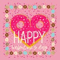 Cute Valentine`s day greeting card with flat donuts