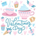 Cute Valentine`s Day greetings card with hearts, couple of teacups, cupcakes and flowers. Hand drawn flat doodle vector