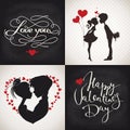 Valentine's day posters with cute heart and lettering and silhouettes Royalty Free Stock Photo
