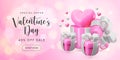 Cute Valentine's day sale concept. Vector 3d gift boxes with flying shiny heart balloons and sale text on pink bokeh Royalty Free Stock Photo