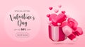 Cute Valentine's day sale concept. Vector 3d open gift box with flying out shiny heart balloons and text on pink Royalty Free Stock Photo