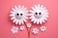 Cute Valentine\'s Day scene with two white cartoon chamomile, face emotion featuring loving eyes, small blooms isolated