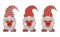 Cute Valentine`s gnomes collection. Gnomes hold red love hearts in their hands. Baby valentine dwarf decor.