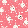 Cute Valentine themed seamless pattern with bunny character and hearts on pink background