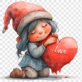 Cute valentine watercolor girl gnome with big heart clip art on transparent PNG background for Valentine\'s day