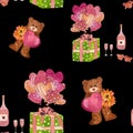 cute Valentines bear seamless black pattern large Royalty Free Stock Photo