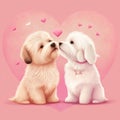 cute valentines day card with cartoon pug dogs kissing characters. Generative AI Royalty Free Stock Photo