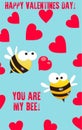 Cute Valentines day card with funny cartoon bees on blue background