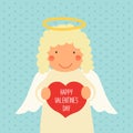 Cute Valentines Day card with hand drawn cartoon character of angel holding heart