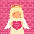 Cute Valentines Day card with hand drawn cartoon character of angel holding heart