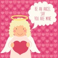 Cute Valentines Day card with hand drawn cartoon character of angel holding heart and speech bubble