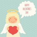 Cute Valentines Day card with hand drawn cartoon character of angel holding heart and speech bubble