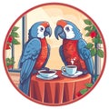 cute valentines day Macaw parrot couple illustration in cafe coffee date round composition