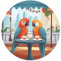 cute valentines day Macaw parrot couple illustration in cafe coffee date round composition