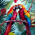 cute valentines day Macaw parrot couple world wildlife illustration with flora and fauna