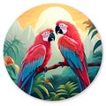 cute valentines day Macaw parrot couple world wildlife illustration with flora and fauna round composition