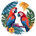 cute valentines day Macaw parrot couple world wildlife illustration with flora and fauna round composition