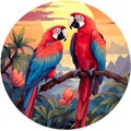 cute valentines day Macaw parrot couple world wildlife illustration with flora and fauna round composition