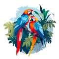 cute valentines day Macaw parrot couple world wildlife illustration with flora and fauna round composition