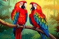 cute valentines day Macaw parrot couple world wildlife illustration with flora and fauna