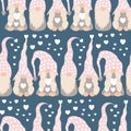 Cute valentines gnomes and hearts in a valentines day seamless pattern