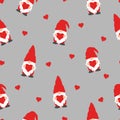 cute valentines gnomes in red hats and hearts in a valentines day seamless pattern on grey background