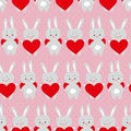 Cute Valentines seamless pattern with cartoon rabbits with heart