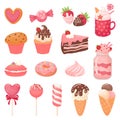 Cute Valentines sweets. Heart lollipop, sweet ice cream and strawberry cake. Candy cartoon vector illustration set Royalty Free Stock Photo