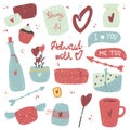 Cute Valentins set, hand drawn doodle elements clipart, gifts,mug, holiday mugs, leter. Perfect for web, greeting card, poster,