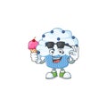 Cute vanilla blue cupcake cartoon character enjoying an ice cream